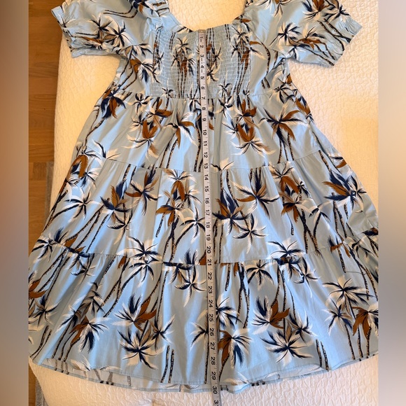 Melloday Light Blue Palm Print Puff Sleeve Dress with Pockets — Size XL - Picture 6 of 10